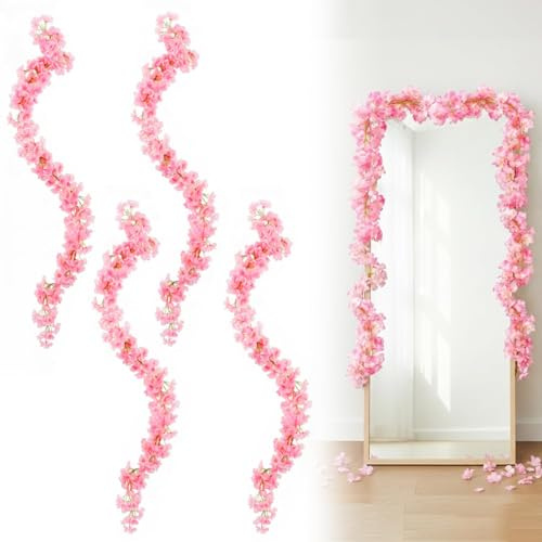 HIVTE 4 Piezas Guirnalda de Cerezos Artificiales, 1,8m Enredadera de Flores de Seda Rosa con 135 Pétalos, Decoración Impermeable para Escaleras y Fiestas