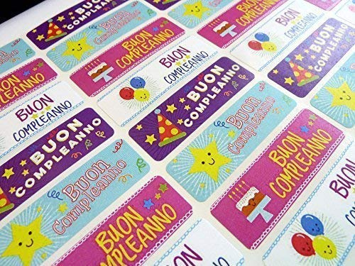 Pack of 32 BUON Compleanno Italian Birthday Greeting Stickers, Colourful Self-Stick Labels for Cards, Envelopes, Craft, Decoration