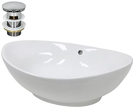 ECD Germany Waschbecken Waschtisch 590x390x200 mm Keramik Oval Weiß inkl. Ablaufgarnitur für Waschbecken mit Überlauf Aufsatzbecken Aufsatzwaschbecken Aufsatzwaschtisch Waschschale Spülbecken Becken