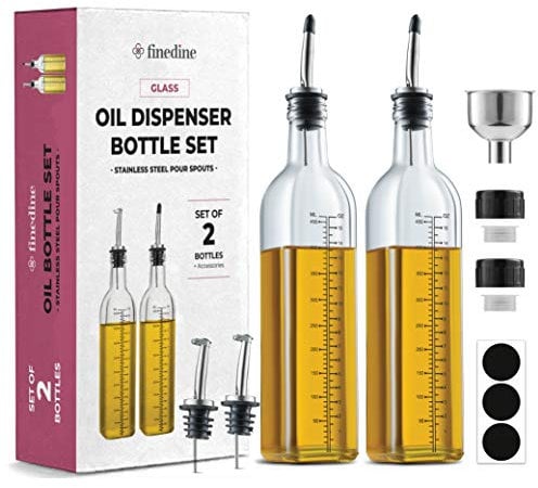 Superior Glass Oil Bottle Drizzler - Set Of 2-500ml Olive Oil Dispenser Bottle for Kitchen - Refill Funnel, Pouring Spouts & Labels - Lead-Free Glass Oil and Vinegar bottle, BPA-Free Cruet Set