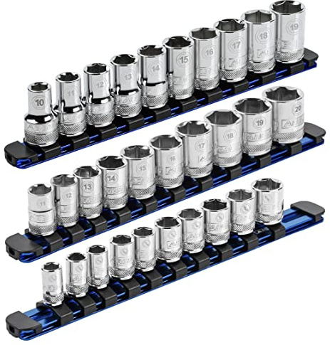 ARES 60110-3-Piece Multi-Drive Blue 9.84-Inch Socket Rail Set with Locking End Caps