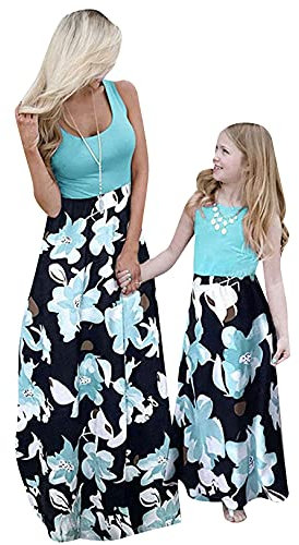 OMZIN Mothers and Daughter Family Summer Dress Round Neck Sleeveless Dresses A Line Beach Dress Party Dress Stitching Vest Maxi Dress Grüne Blume M