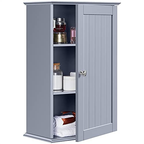 Yaheetech Bathroom Cabinet Single Wall Mounted Bathroom Storage Cabinet Wooden Cupboard with Adjustable Shelves, 21D x 35W x 55H cm, Grey