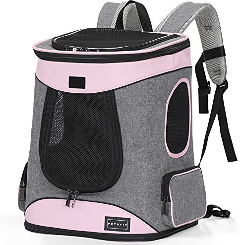 Petsfit Hunderucksack & Katzenrucksack für große Katzen bis 5kg - Leichter Katzen Rucksack mit Netzfenster, Brustgurt & Polster - Atmungsaktiver Rucksack für kleine Hunde und Katzen, Rosa+Grau