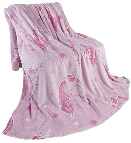 BaSaTex Kinder Flanell Kuscheldecke | 150x200 cm Sofadecke | leuchtet im Dunkeln | Glow in The Dark | Einhorn - Pink