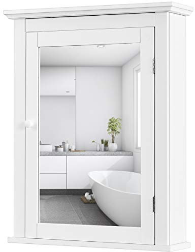 RELAX4LIFE Spiegelschrank, Hängeschrank mit Spiegel & Verstellbarer Ablage, Badschrank, Wandschrank mit 1 Tür, hängender Badspiegelschrank mit Tür, Schrank für Bad & Wohnzimmer(Weiß)