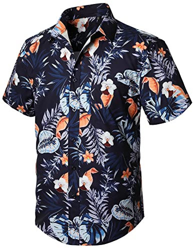 Enlision Chemise Hawaienne Homme Bleu Funky Casual Manches Courtes Chemises à Fleurs pour l'été à Hawaii Holiday Beach Aloha Shirt avec Poche Avant,Bleu Marine,XL
