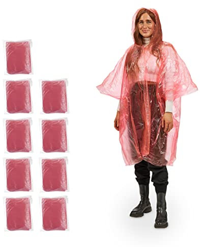 Relaxdays Regenponcho Einweg, 10er Set, Einmal Regencape mit Kapuze, für Erwachsene, Notfallponcho Damen & Herren, rot