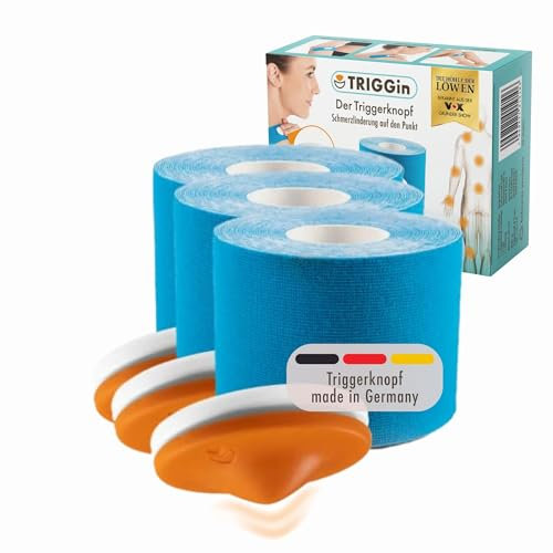 TRIGGin Triggerknopf inkl. blauem Kinesio-Tape 3er-Set | Verspannungen & umliegende Faszien geschmeidig machen & Durchblutung fördern | Wiederverwendbar [Made in Germany]