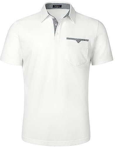 Enlision White Polo Shirts for Men Adult Short Sleeve Golf Polo Shirt with Pocket Summer Casual t-Shirts L
