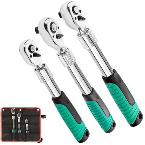 Tanstic 3Pcs Extendable Ratchet Set, 1/4 3/8 1/2 Drive 72 Tooth Ratchet Wrench, Retractable Socket Wrench Quick-Release Reversible Gear Ratchet Spanner with Storage Bag