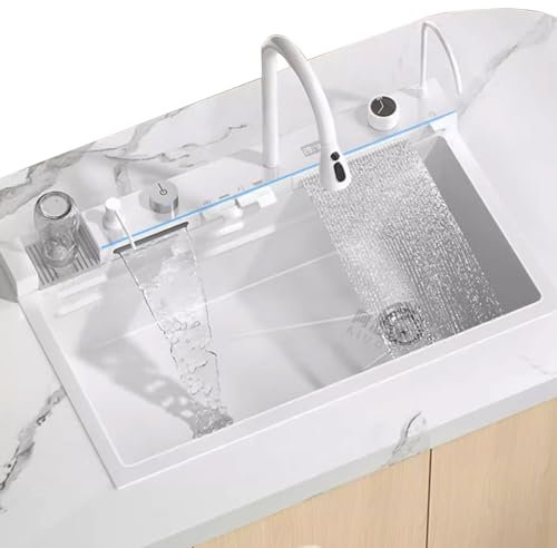 Fregadero De Acero Inoxidable Blanco Fregadero De Cocina Fregadero En Cascada Grifo Multifunción con Indicador De Temperatura del Agua Fregadero De Un Solo Cuenco