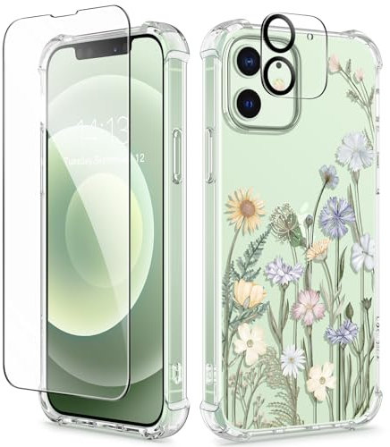 GVIEWIN kompatibel mit iPhone 12 Hülle/iPhone 12 Pro Hülle 6,1 2020, mit Displayschutz Schutzfolie+Kamera Schutzfolie,Blume Klar Dünn Stoßfest Kratzfestes Handyhülle Schutzhülle,Lebendiger Frühling