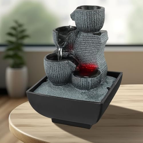 Tabletop Water Fountain Indoor Waterfall Feature for Home Office LED Light Decorative Desktop Fountain Resin Meditation Water Feature for Home Office Decor Relaxation 3Pin UK Plug