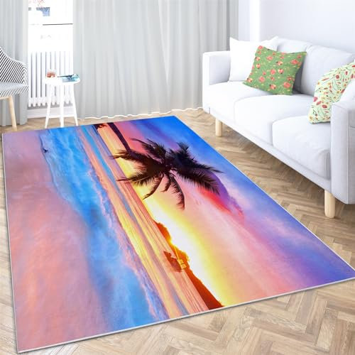 Wohnzimmer Teppiche 180 x 240 cm Waschbarer Strand Sonnenuntergang Palmen Bedruckter Rechteckiger Läufer - Mehrfarbig Rutschfester Dekorativer Teppich Weiche Niedrigflor Läufer für Schlafzimmer