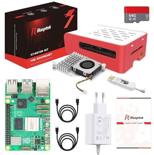 iRasptek Raspberry Pi 5 4GB Starter Kit - 64GB Edition of OS-Bookworm Pre-installed(Red&White Case)