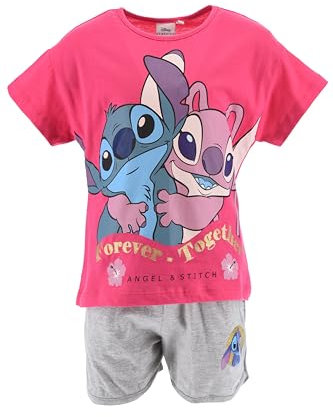 Disney Stitch Camiseta y Pantalón Corto para Niña, Pijama Algodón Suave, Forever Together' Stitch y Angel Conjunto 2 Piezas Verano, Talla 6 Años | Fuchsia