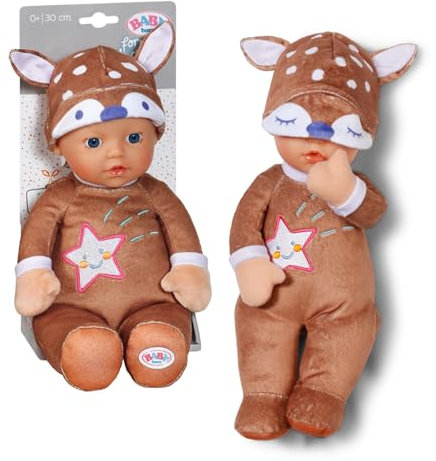 BABY born for Babies Sleepy REH, weiche 30cm große Puppe aus Stoff mit Mützchen im REH-Design mit integrierter Rassel für Neugeborene, 836552 Zapf Creation, Braun Or Grau