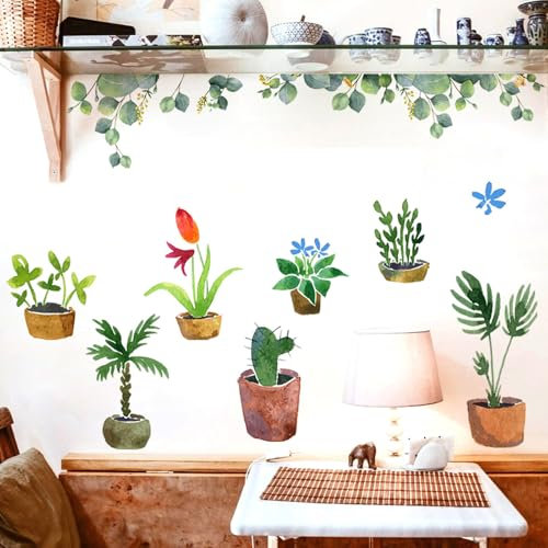 Green Potted Plants Wall Stickers Tropical Flowers Plant Pots Removable Home Wall Sticke for Living Room Bedroom Decoration 1512