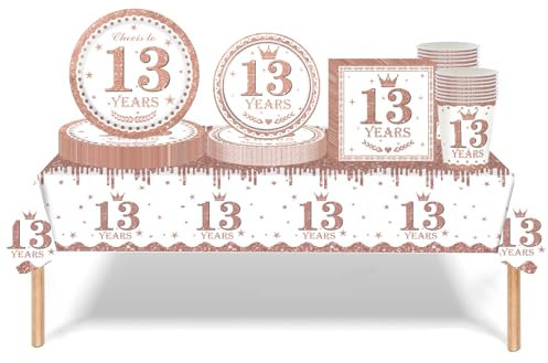 Rose Gold 13th Birthday Decorations for Girls - Tableware Set with Tablecloth, Paper Plates, Napkins, and Cups for Her 13th Birthday Gifts