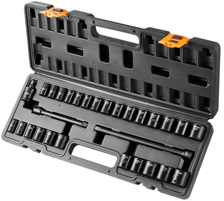 VEVOR 3/8 Drive Impact Socket Set, 29 Piece Shallow Socket Set SAE 3/8-1 and Metric 8-22mm, 6 Point CR-V Alloy Steel for Auto Repair, Easy-to-Read Size Markings, Rugged Construction, Storage Case