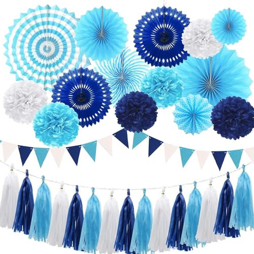 Blue Party Decorations Birthday Paper Fan Baby Shower Tissue Pom Poms Streamers Bachelorette Party Supplies Tassel Garland Banner Wedding Decor