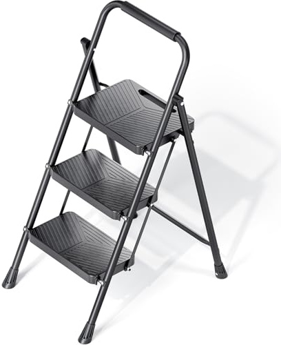 KINGRACK Scala a 3 gradini, scala pieghevole in acciaio con corrimano, pedali larghi antiscivolo, design con blocco di sicurezza, scala resistente per carichi fino a 226 kg, scala portatile per uso