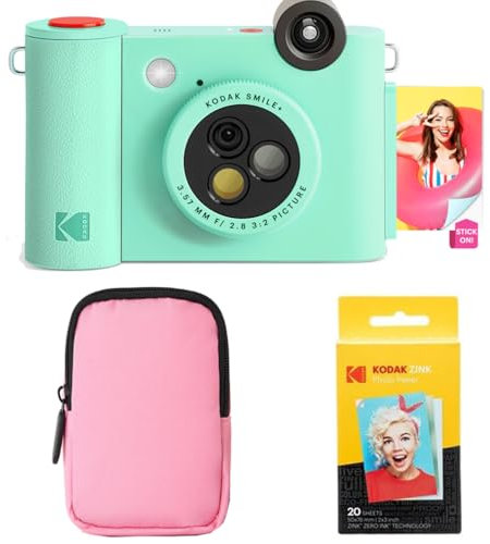 KODAK Smile+ - Cámara instantánea Digital 2 en 1 e Impresora fotográfica - Estuche Suave + Papel Zink - 10 MP, Lente giratoria, Verde