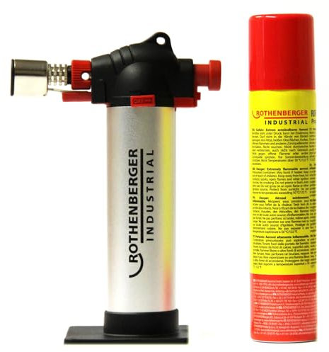 sopomarkt24 Creme Brûlée Brenner, Lötbrenner mit Piezo Zündung für Karamellisieren, Flambieren & Überbacken, Gourmet Gasbrenner für Küche & Werkstatt, mit Standfuß & Gaskartusche Rofill Super 100