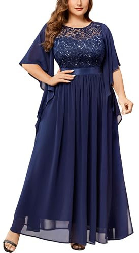 MISSMAY Women's Plus Size Elegant Butterfly Sleeve Chiffon Sequin Lace Bodice Evening Party Long Dress (4XL, Navy Blue)