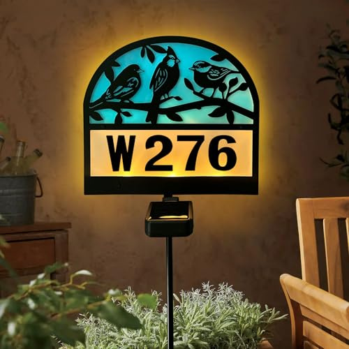 VividLadybug Solar House Numbers Yard Sign Stake, Solar Powered Lights Metal Playful Bird Silhouette Garden Stake