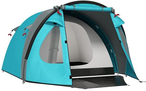 Outsunny Tenda da Campeggio per 3 Persone con Camera e Veranda, Tenda da Trekking a Casetta Impermeabile 3000mm e Borsa di Trasporto, Azzurro