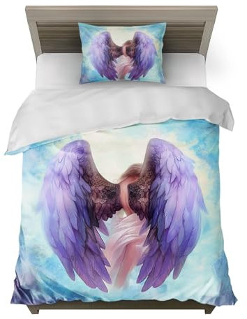 HommomH Lila Flügel Magie Bettwäsche Set:1 Duvet 135x200cm + 1 Kissenbezug 80x80cm - 100% Polyester,Magische Lila-Flügel-Kunst, perfekt für Fans mystischer Design