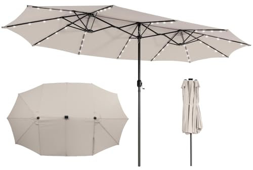GOPLUS Parasol de Jardin Exterieur avec 48 Lumières LED, Parasol Double Extérieur avec Manivelle, Abri Solaire avec Events, Grand Parasol H.2,5M pour Terrasse, Blacon, Piscine, Pied Requis (Beige)