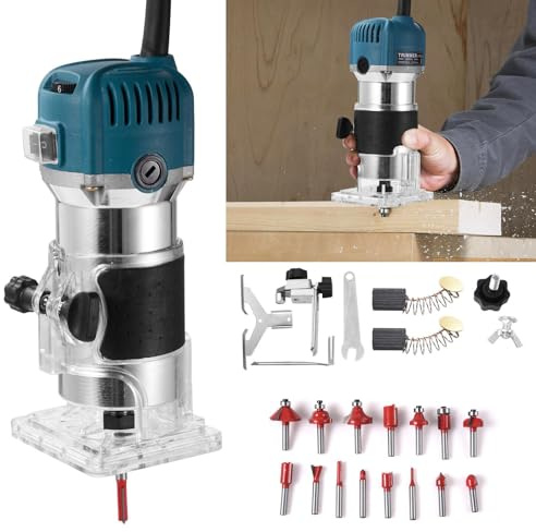 800W Oberfräse Trimmer,Electric Hand Holz Oberfräse Kantenfräse,220V 6-speed 40000 U/Min Gear Aluminum Trimming Machine (paper Box) + 1 Straight Knife + 15-piece Milling Cutter Set