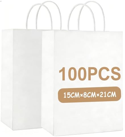 Gaoyong 100 Stück Papiertüten Weiß 15×8×21cm Geschenktüten klein | Für Weihnachten, Party, Geburtstag, Hochzeit, Erntedankfest(Kleine Größe,130GMS)