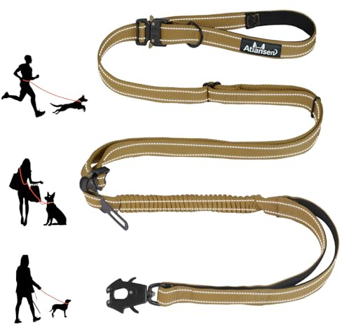 9.7FT Detachable Hand-Free Heavy Duty Tactical Dog Leash, Khaki | Bungee Shock Absorption dog Leash, with Padded Handle, Quick Release Metal Clip, Car Seatbelt, Training Lead, for Large dog