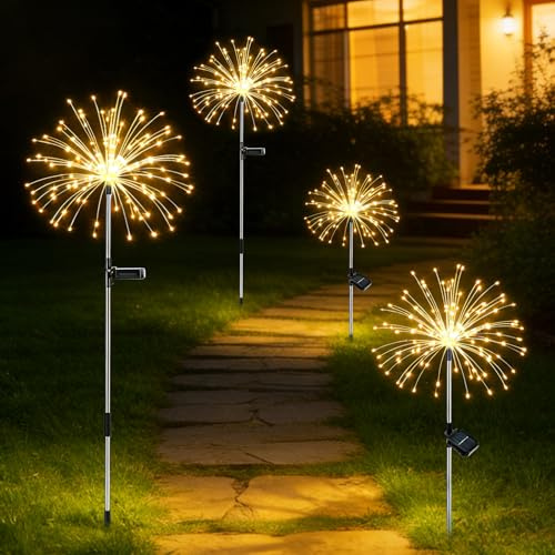 Solar Lights Outdoor Garden, Solar Firework Lights, 120 LEDs 8 Modes Waterproof Starburst Light , Dandelion Stake Light Landscape Lights for Yard Lawn Party Patio Wedding Decor(4 Packs, Warm White)