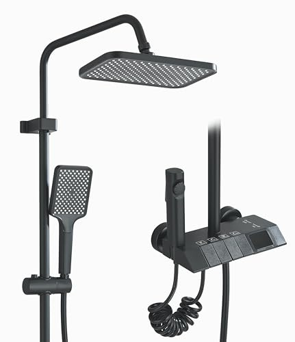 Komplettes schwarzes Duschset, bestehend aus einem Thermostat mit LED-Anzeige, einem 4-in-1-Regenduschkopf (mit Wasserhahn), einer Handbrause, einem Bedienfeld im Klaviertasten-Design und einem Badewa