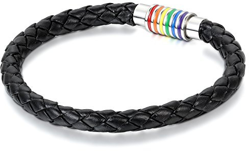 JewelryWe Lederarmband LGBT Regenbogen Armband: Homosexuell LGBTQ Gay & Lesbian Pride Schwarz Geflochten Leder Manschette Armreif mit Edelstahl Magnetverschluss Schmuck Geschenk für Herren Damen