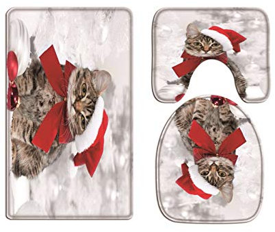 A.Monamour Badezimmer Badematte 3 Teilig Set Süße Katze Sankt Hut Weihnachtsfeiertagsdekoration Trägt Flanell Saugfähig Badteppiche Badvorleger Badgarnitur Wc Vorleger