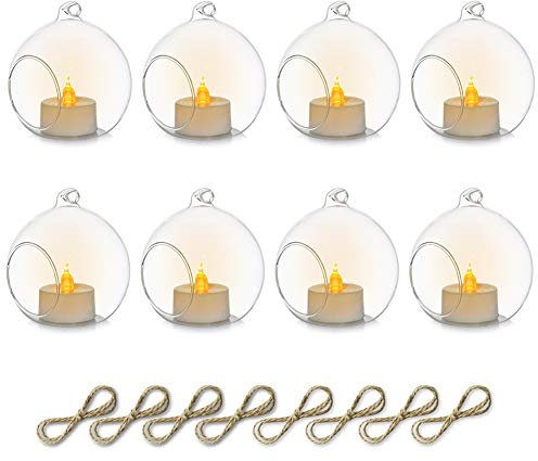 Sziqiqi 8cm Windlicht Hängend Glas Teelichter Halter 8 Stücke Kerzenleuchter Glasanhänger mit LED Kerze, Hängende Glasball Kerzenhalter Kerzenständer für Hochzeits Party Tisch Weihnachts Garten Deko