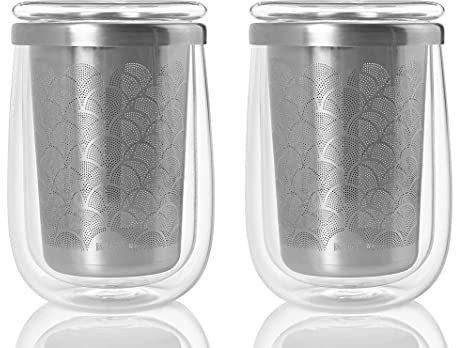 AdHoc Fusion Glass | Set 2x Teeglas und 2x Teefilter für losen Tee | 400ml Füllmenge, Borosilikatglas/Edelstahl