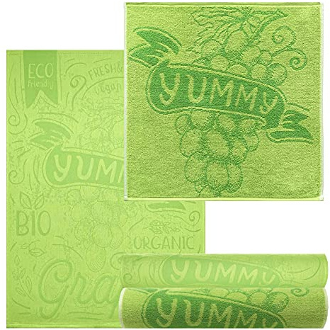 Lashuma Geschirrhandtuch Set 50x50cm – 50x70cm Grün, Design: Weintraube, 2X Frotteetücher - 2X Küchenhandtücher