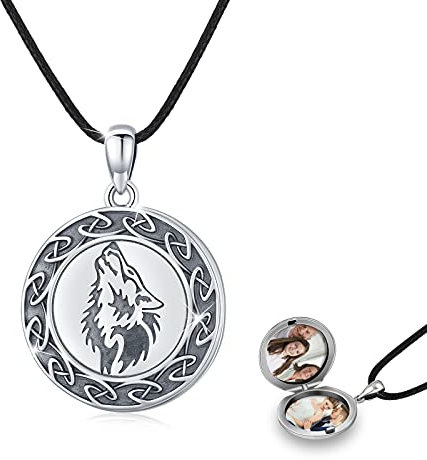 CUOKA MIRACLE Wolf Medaillon Kette Silber 925 Oxidiert Wolf Foto Medaillon Kette Amulett zum öffnen für Bilder Wolf Kette for Herren Männer Valentinstag Vatertagsgeschenke für Papa