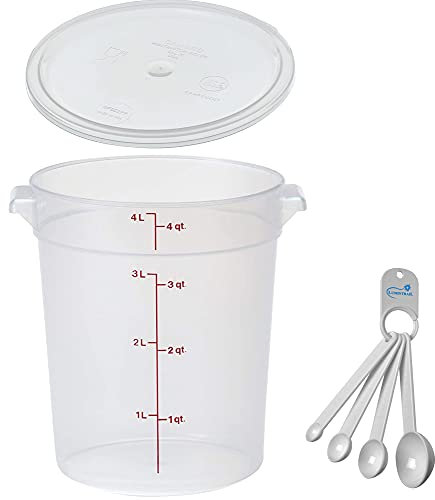 Lumintrail Cambro 4 Quart Round Food Storage Container, Translucent, with a Translucent Lid, Bundle with a Measuring Spoon Set