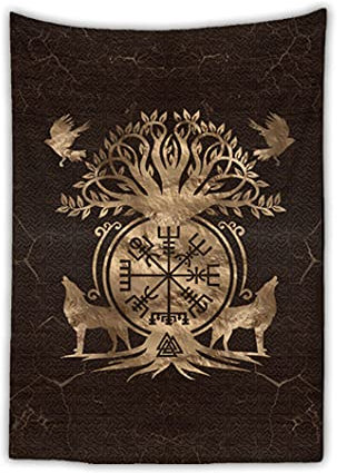 JJLLAZAD Norse Yggdrasil Schlafzimmer Wandteppich,3D-Druck,Fenrir Wolf,Retro,Kunst,Sofa Hintergrund Wand,Polyester Picknickdecke,Compass Tree,70x90 Inch