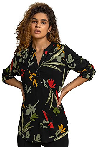 Roman Originals Shirt for Women UK Ladies Top Collarless Blouse Stretchy Tunic Smart Casual Autumn Winter Jersey 3/4 Length Sleeve Notch V Neck Flattering Office Work - Black Green - Size 16