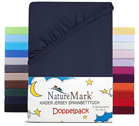 NatureMark 2er Set Kinder Spannbettlaken Jersey, Spannbetttuch 100% Baumwolle, für Babybett und Kinderbett | 70x140 cm - Navy blau