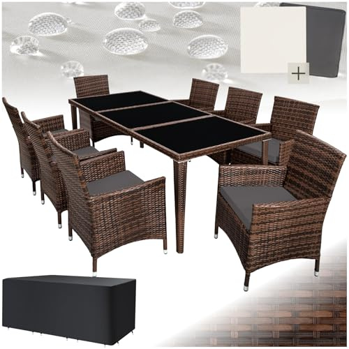 TecTake® Garden Dining Set, Aluminium Frame, Outdoor and Indoor Dining Table set with 8 Chairs, 1 Dining Table with Real Glass Plate, Set Includes Removable Cushions and Weather Cover - black/brown